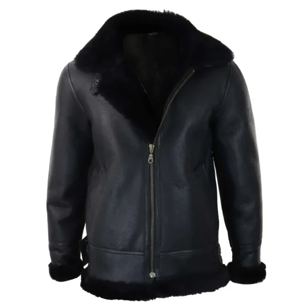 Jaqueta masculina preta de couro com capuz em pele de carneiro e forro de lã de carneiro, estilo aviador/piloto.