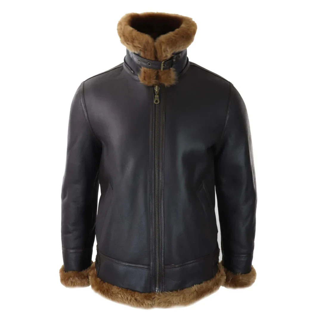 Jaqueta masculina marrom de couro com capuz em pele de carneiro e forro de lã de carneiro, estilo aviador/piloto. - Image 4