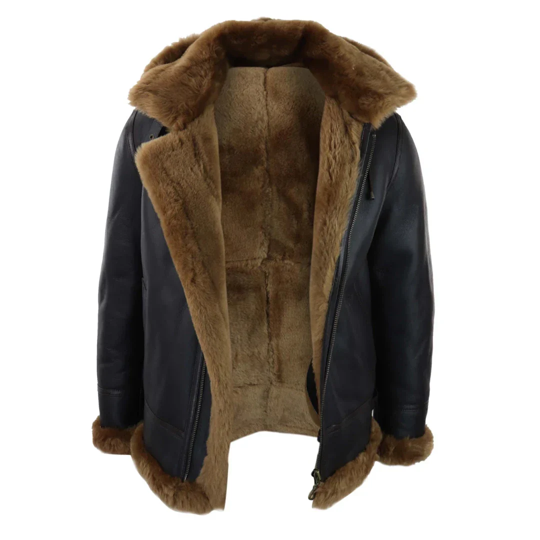 Jaqueta masculina marrom de couro com capuz em pele de carneiro e forro de lã de carneiro, estilo aviador/piloto. - Image 6