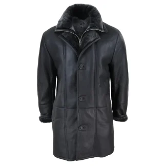 Jaqueta masculina 3/4 estilo duffle, em pele de carneiro, com zíper e botões, ideal para aquecimento - Preta