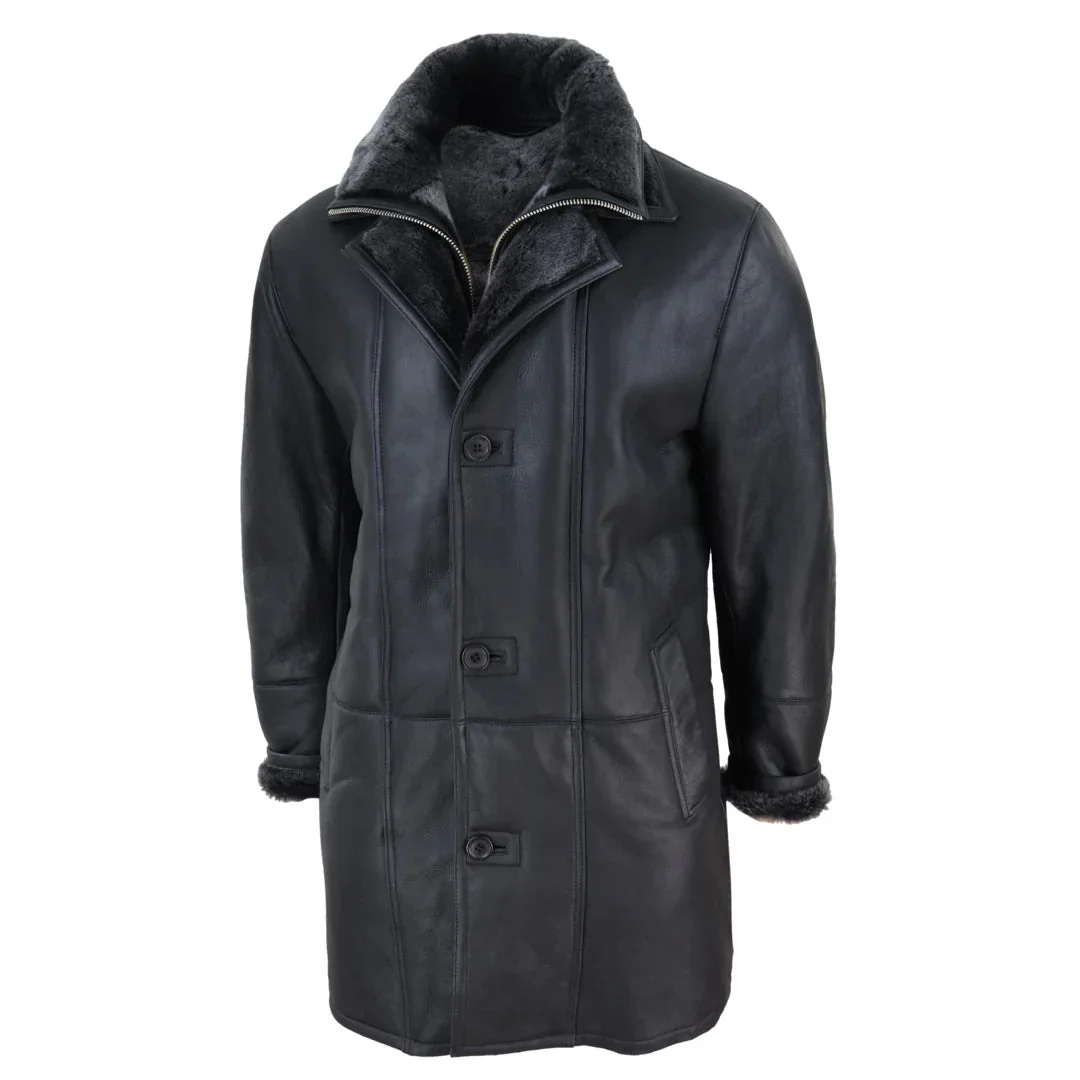 Jaqueta masculina 3/4 estilo duffle, em pele de carneiro, com zíper e botões, ideal para aquecimento - Preta - Image 3