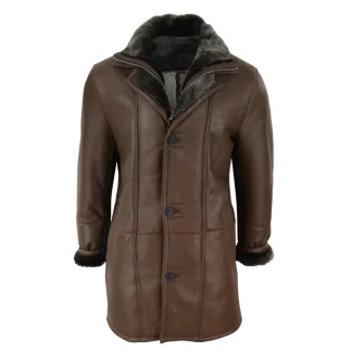 Jaqueta masculina 3/4 estilo duffle, em pele de carneiro, com zíper e botões, ideal para aquecimento - Marrom