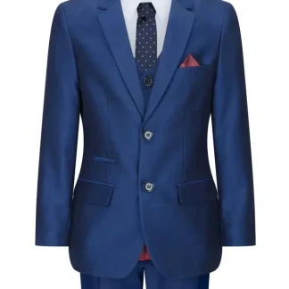 Terno infantil de 3 peças azul brilhante para festa de casamento, corte sob medida, elegante e formal.