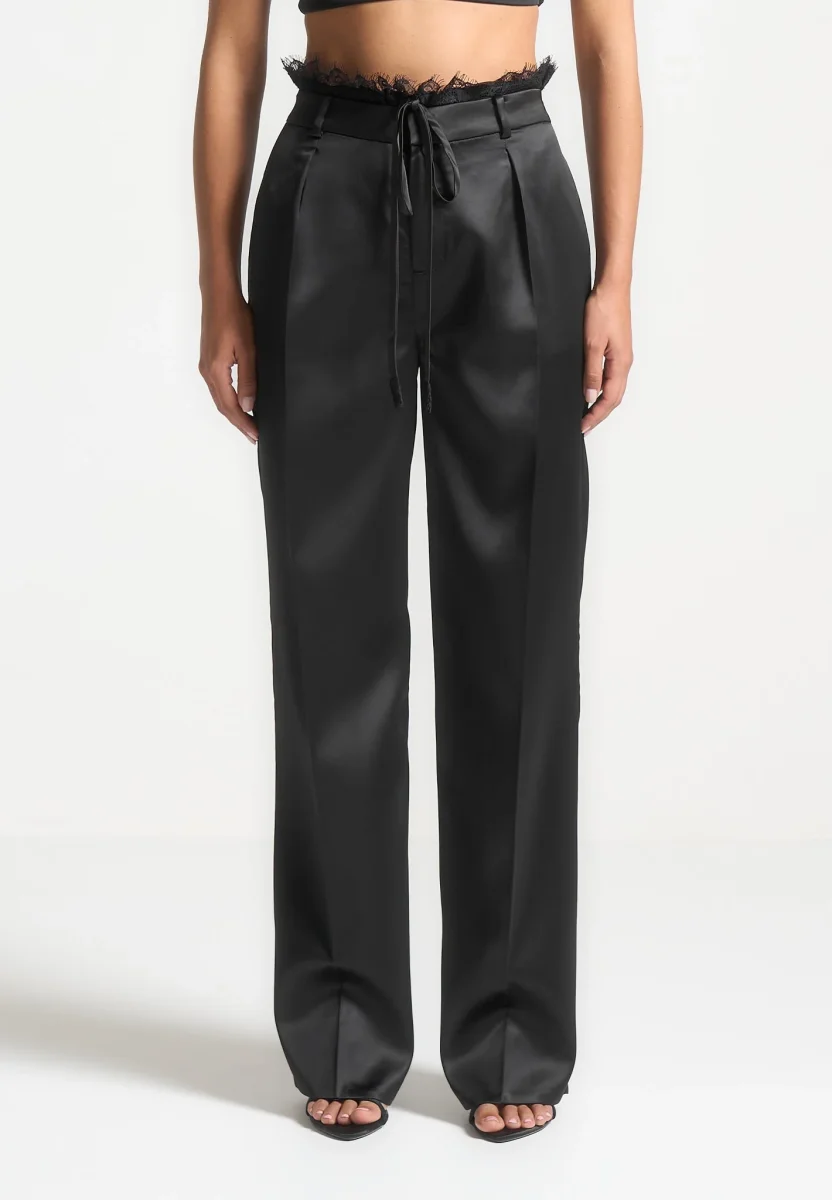 Lace Waistband Satin Pants - Black - Image 4