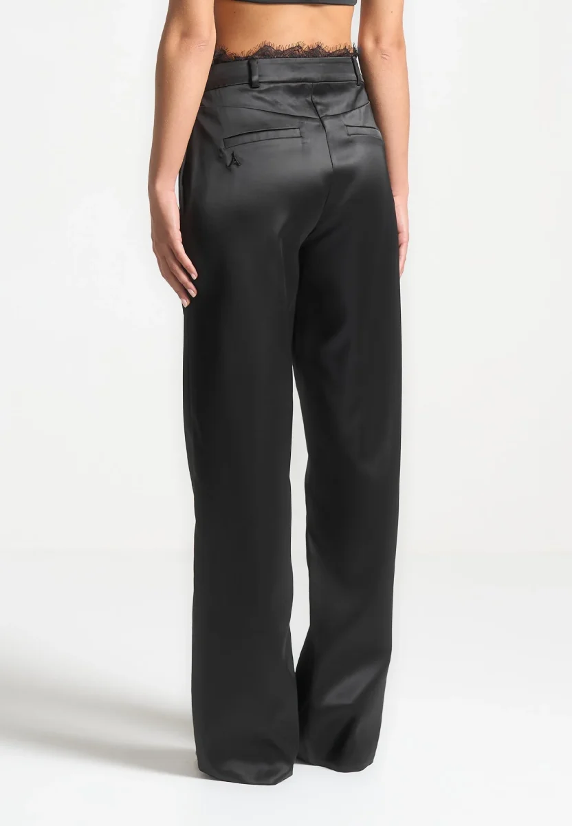 Lace Waistband Satin Pants - Black - Image 5