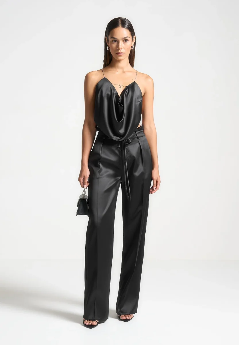 Lace Waistband Satin Pants - Black - Image 3
