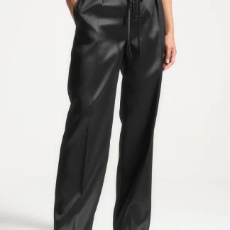 Lace Waistband Satin Pants - Black