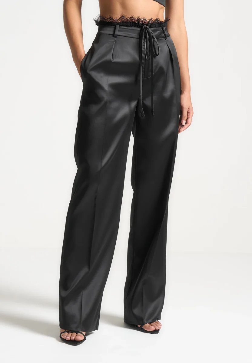 Lace Waistband Satin Pants - Black - Image 2