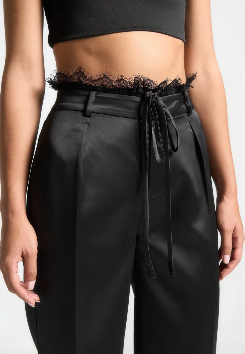 Lace Waistband Satin Pants - Black - Image 6