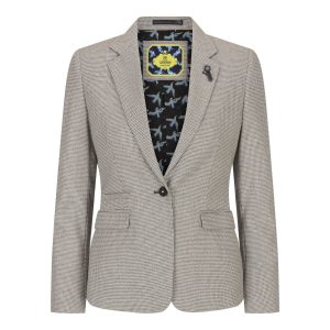 Blazer feminino bege em tweed e lã, estilo clássico de caça, vintage anos 1920, retrô.