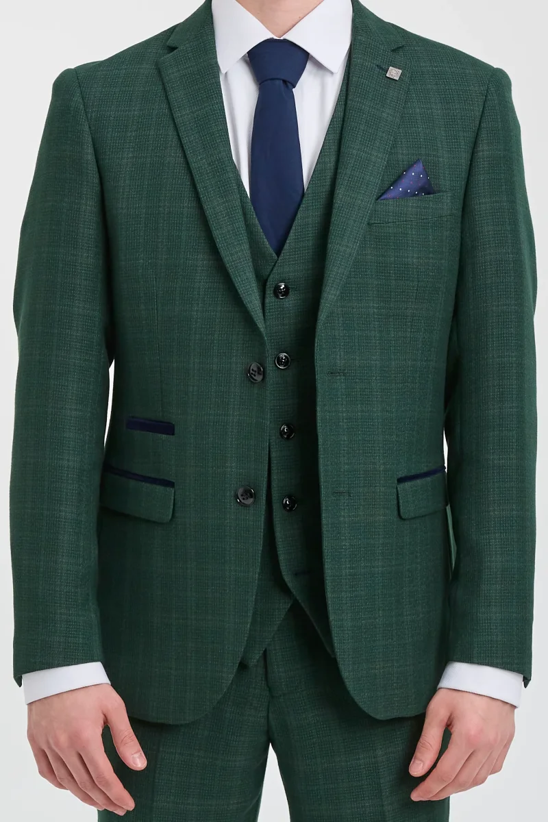 Leo - Terno masculino verde de três peças com estampa xadrez e corte sob medida. - Image 6