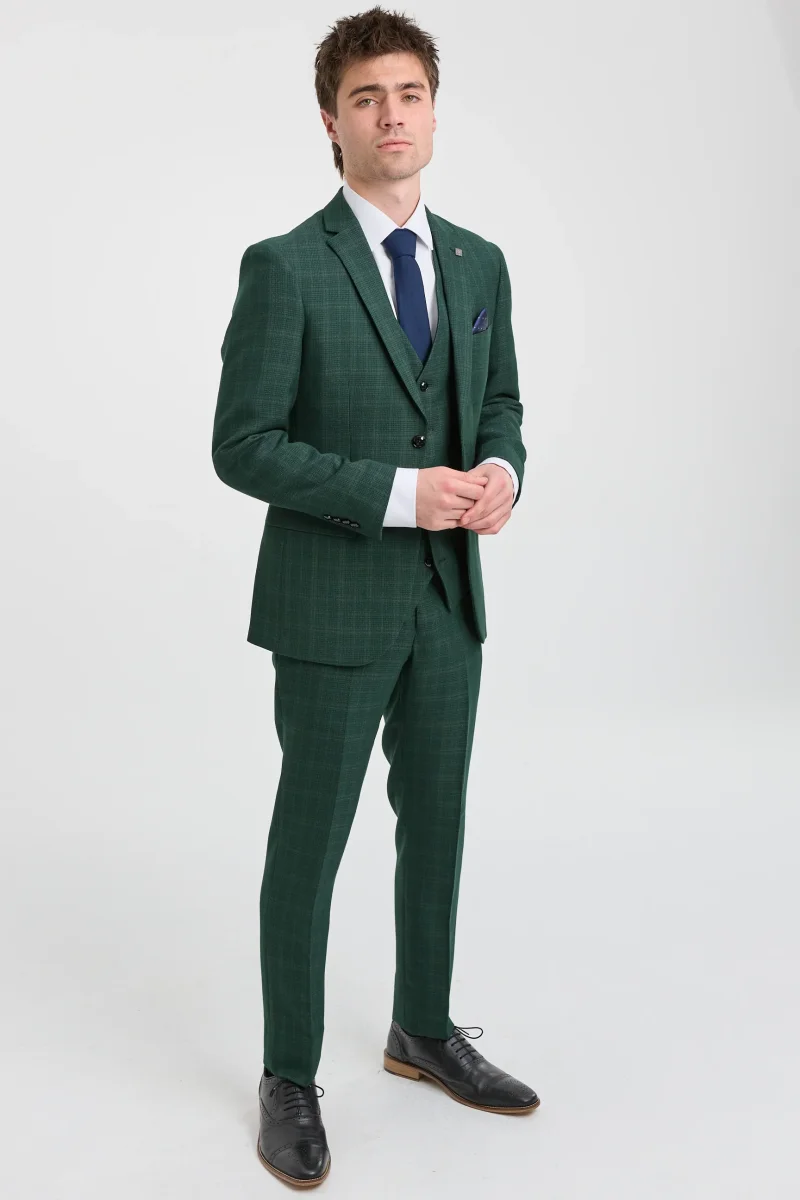 Leo - Terno masculino verde de três peças com estampa xadrez e corte sob medida. - Image 4