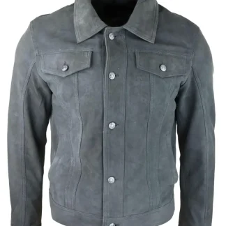 Jaqueta masculina de camurça genuína, calça jeans de couro, shorts jeans, estilo motociclista clássico vintage cinza.