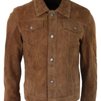 Jaqueta masculina de camurça genuína, calça jeans de couro, shorts jeans, estilo motociclista clássico vintage bege.