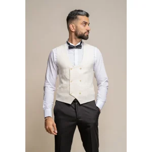 Marco - Colete masculino de abotoamento duplo e decote redondo na cor creme.
