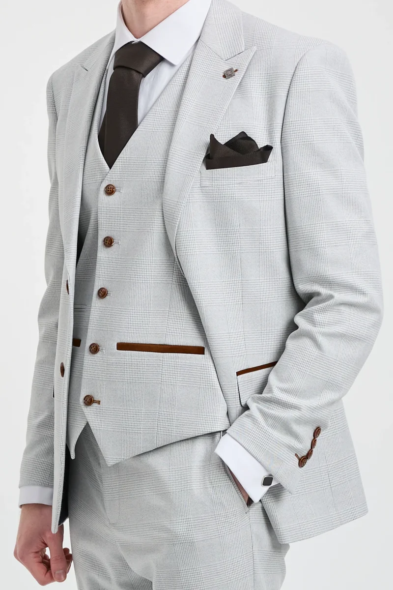 Terno masculino Mark cinza-pedra de 3 peças com estampa xadrez em tweed e detalhes em marrom, ideal para casamentos e formaturas. - Image 7