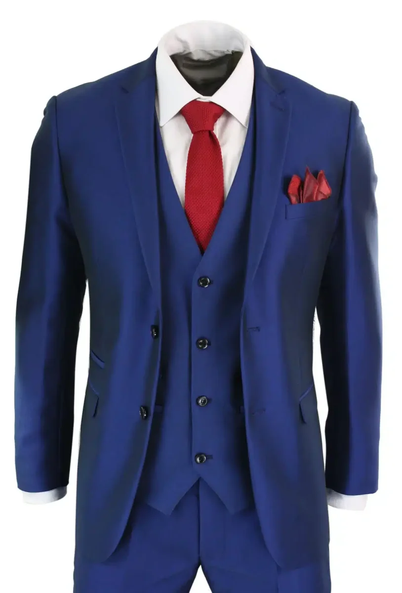 Terno masculino de 3 peças azul brilhante para casamento, formatura e festa, corte sob medida, elegante e formal.