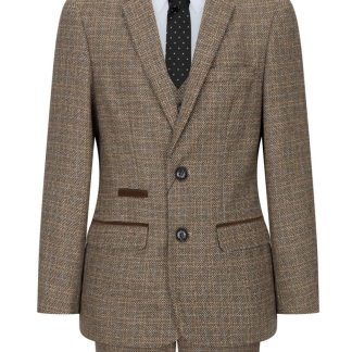 Terno infantil de 3 peças marrom, xadrez tweed, estilo vintage retrô, corte sob medida, anos 1920.