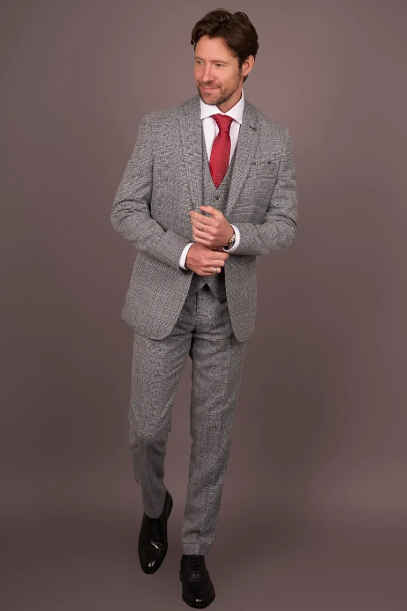 Terno masculino cinza clássico xadrez slim fit de 3 peças - Image 3