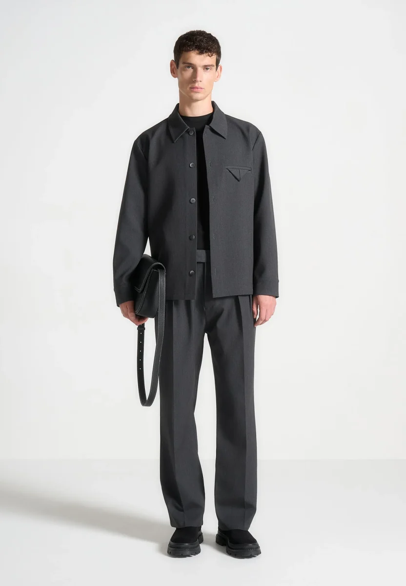 Pierre - Relaxed Fit Hatched Pleated Tailored Pants - Dark Grey - Image 3