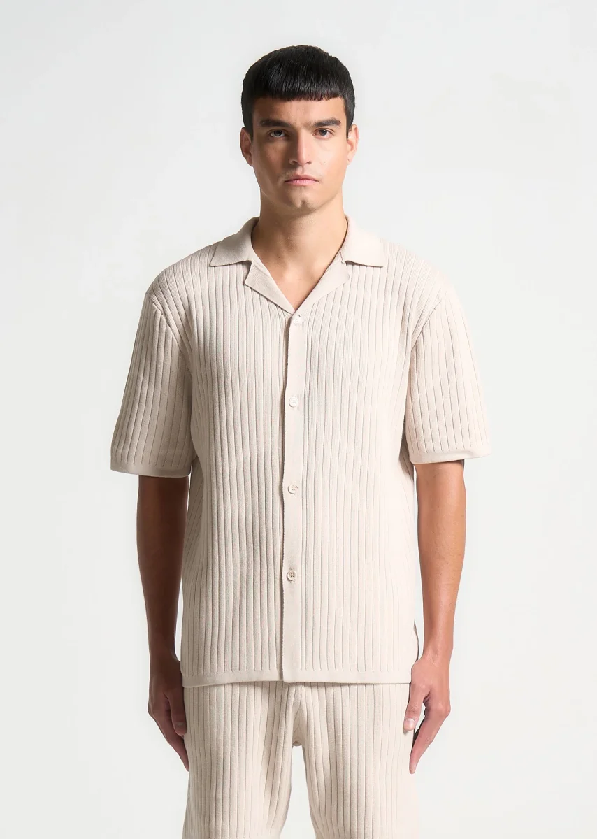 Ribbed Knit Revere Shirt - Cream - Image 3