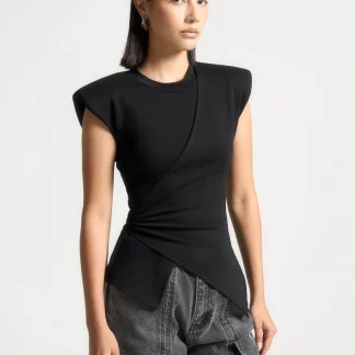 Paige - Wide Shoulder Ruched Waist Top - Black
