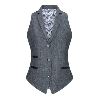 Conjunto feminino com colete em lã tweed, com cotoveleiras, estilo vintage clássico dos anos 1920, cinza.