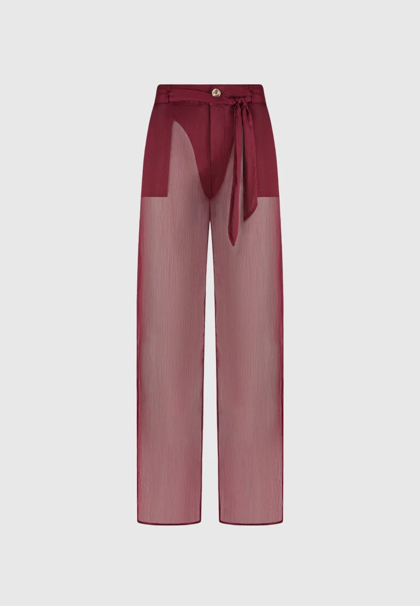 Sheer Belted Pants - Wine Red - Image 7