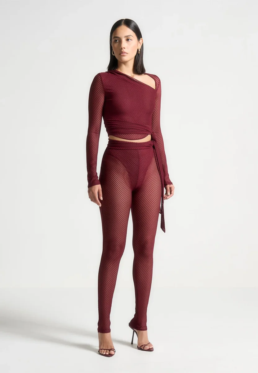 Ribbed Sheer Leggings with Tie - Wine Red