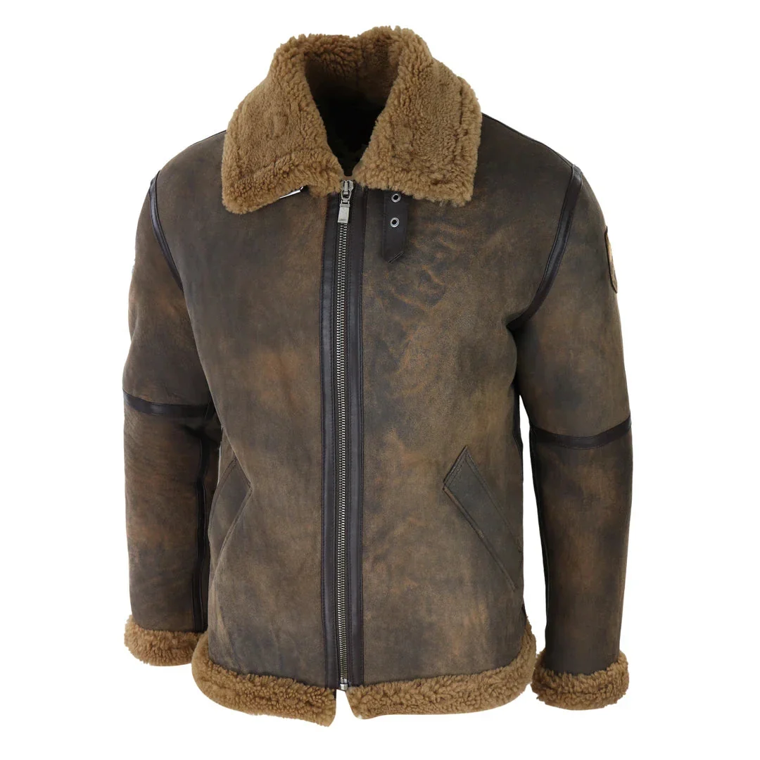 Jaqueta clássica de inverno masculina em pele de carneiro marrom com efeito desgastado e forro de pele cor camelo com zíper. - Image 4