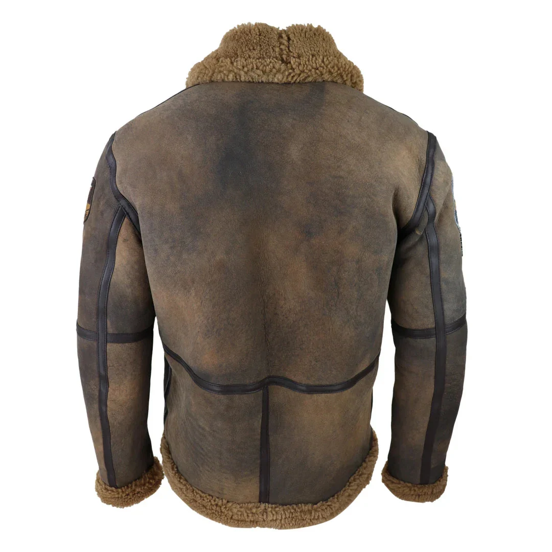 Jaqueta clássica de inverno masculina em pele de carneiro marrom com efeito desgastado e forro de pele cor camelo com zíper. - Image 6