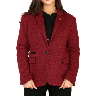 Blazer feminino em tweed espinha de peixe, vermelho vinho, clássico dos anos 1920.