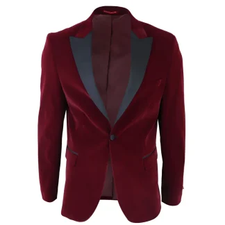 Smoking masculino em veludo vinho com lapelas de cetim para jantar, casamento, formatura e traje de gala.