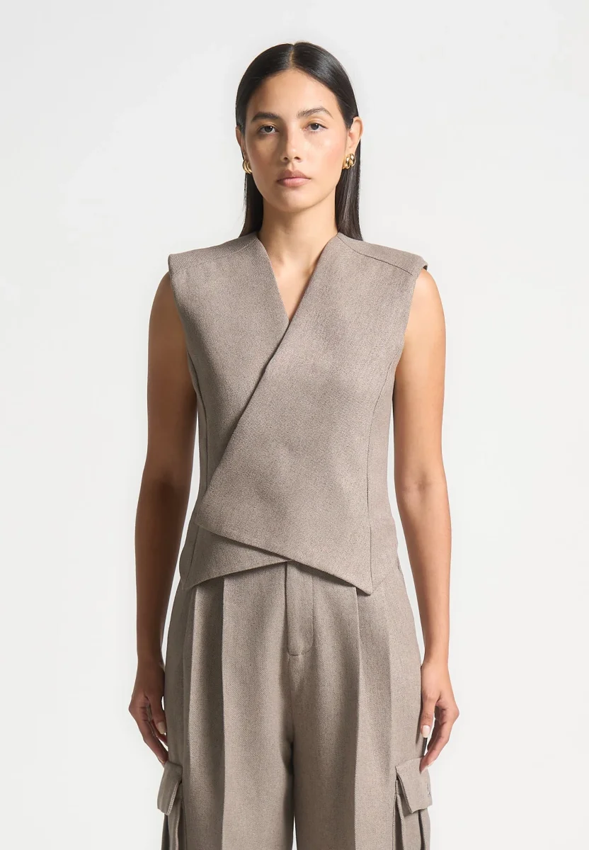Laurence - Textured Tailored Wrap Waistcoat - Taupe - Image 5