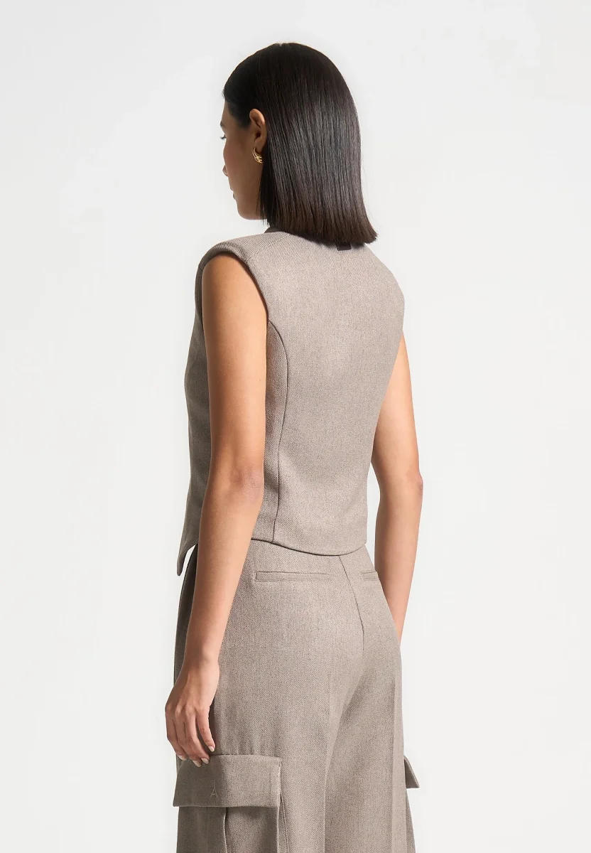 Laurence - Textured Tailored Wrap Waistcoat - Taupe - Image 4