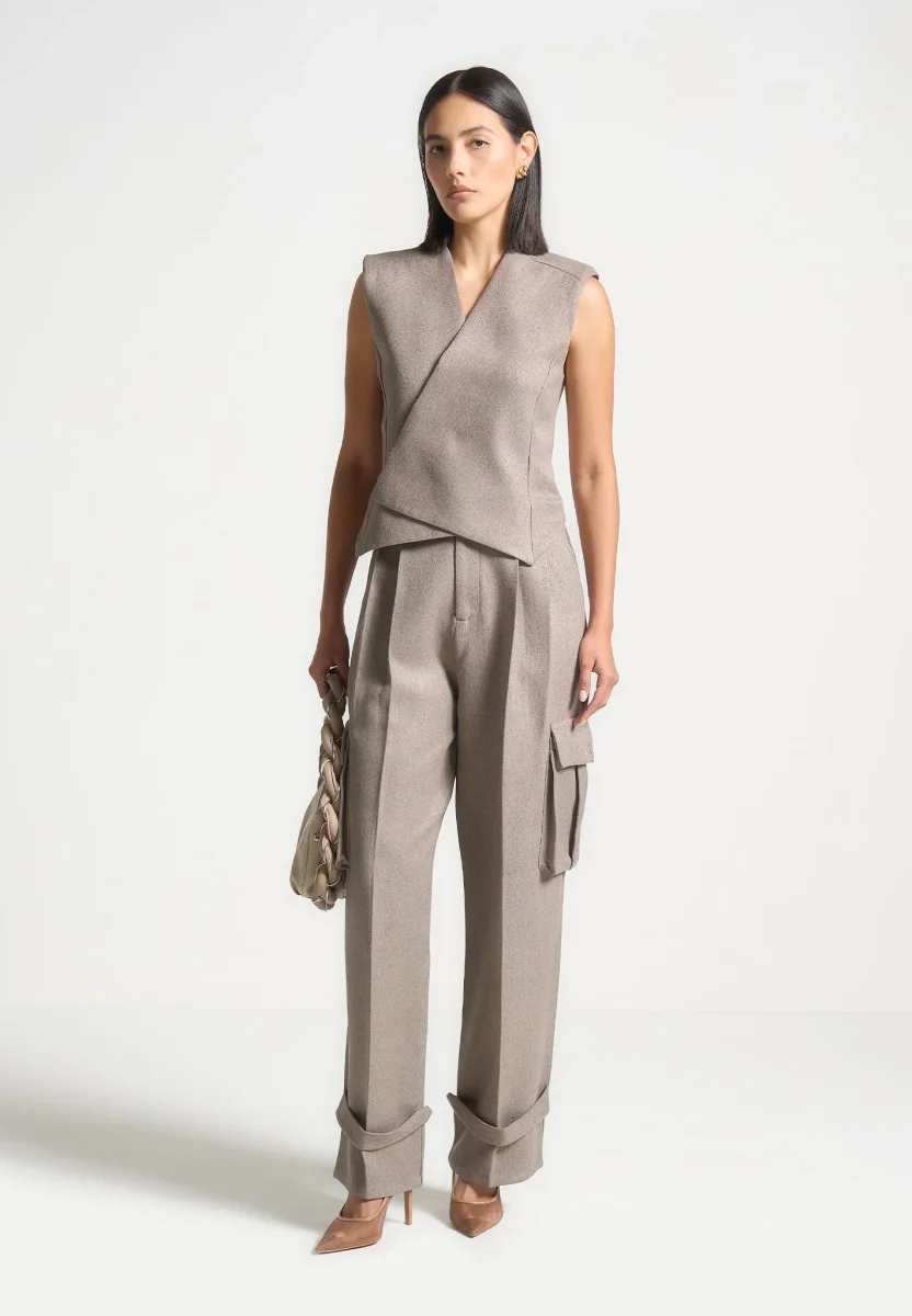 Laurence - Textured Tailored Wrap Waistcoat - Taupe