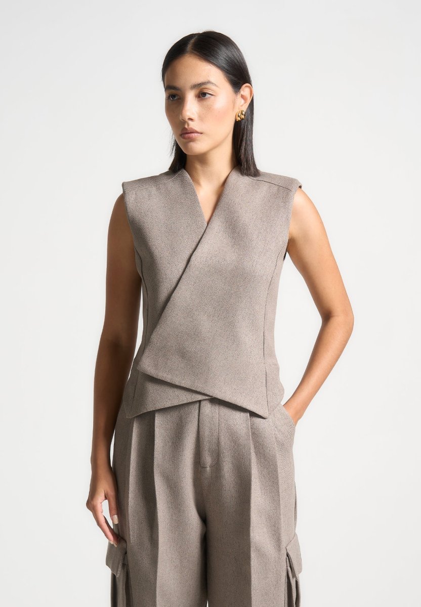 Laurence - Textured Tailored Wrap Waistcoat - Taupe - Image 3