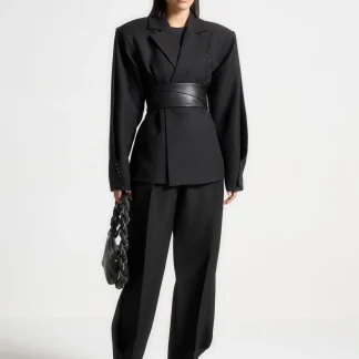 M⁠arie - Twist Sleeve Tailored Blazer with Belt - Black