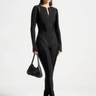 Leather and Bandage Contour Jumpsuit - Black