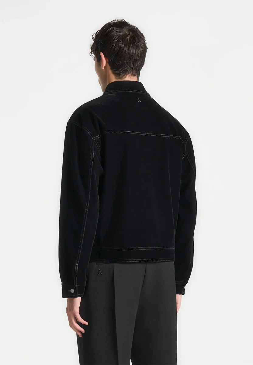 Velvet Contrast Stitch Trucker Jacket - Black - Image 6