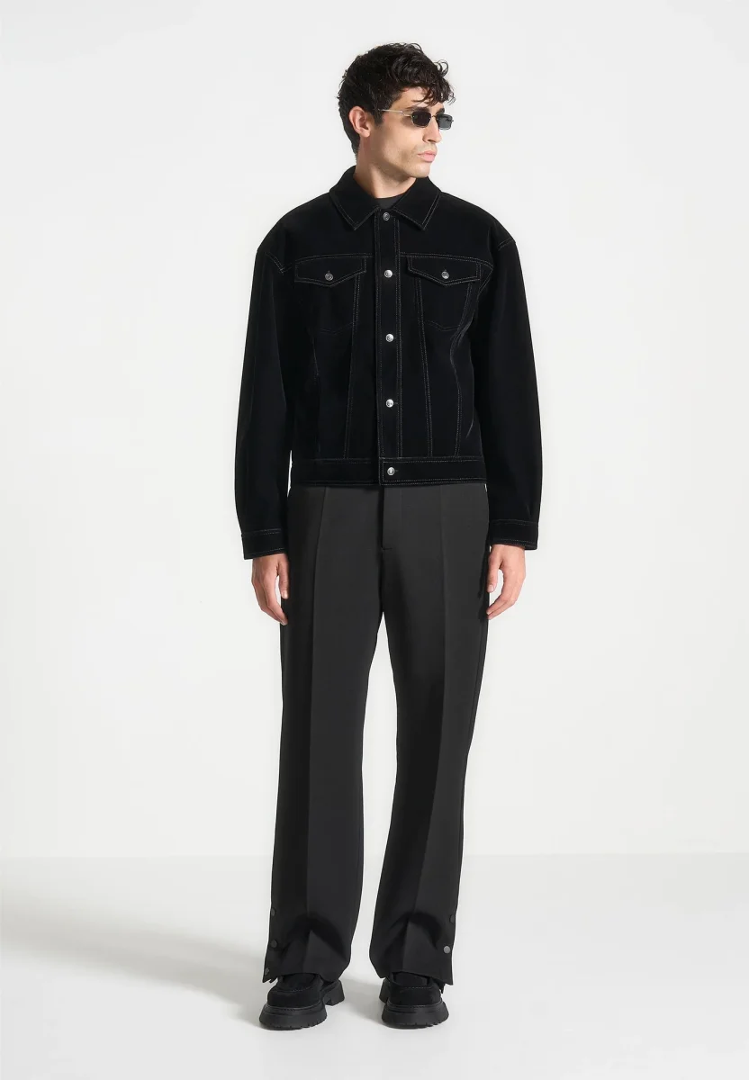 Velvet Contrast Stitch Trucker Jacket - Black - Image 3