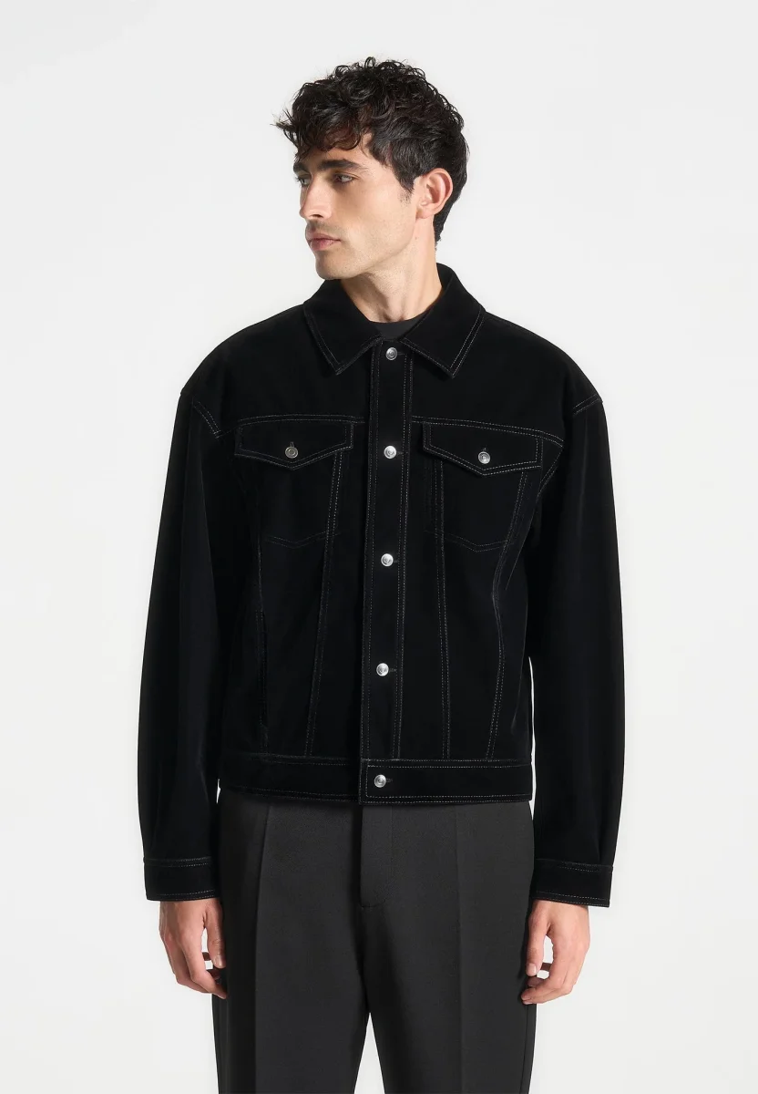 Velvet Contrast Stitch Trucker Jacket - Black - Image 2