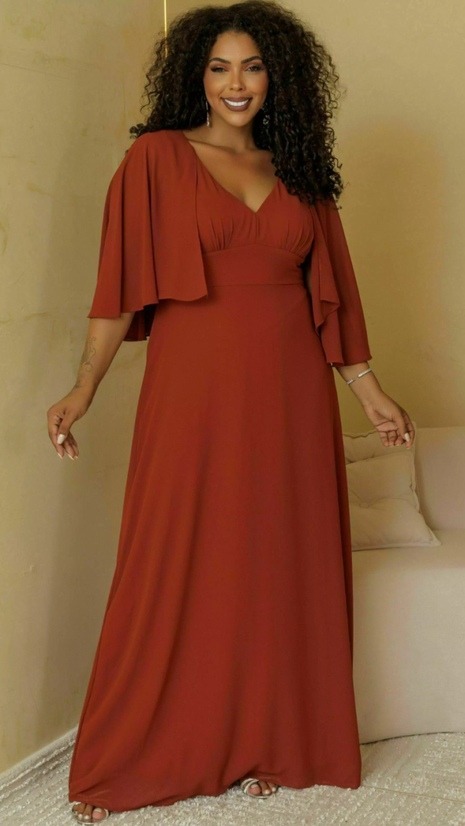 Vestido de Festa Longo em Crepe com Capa