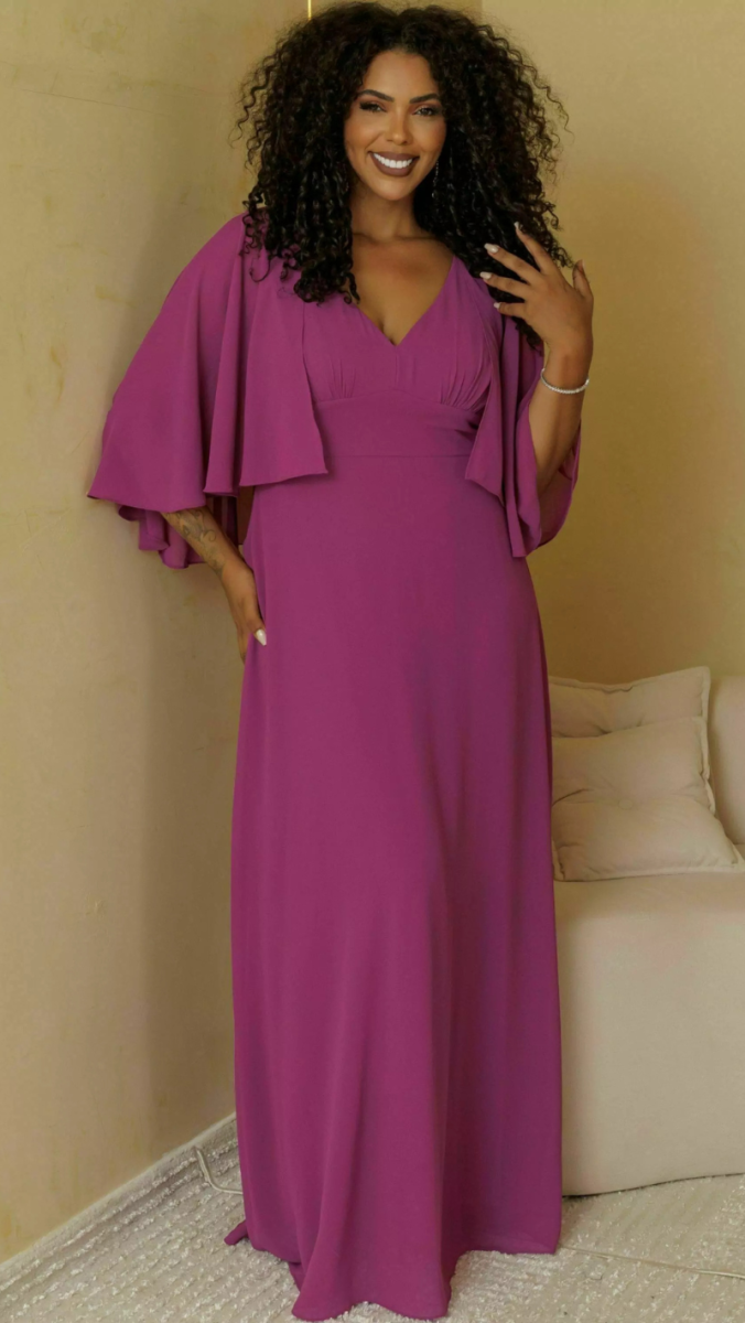 Vestido de Festa Longo em Crepe com Capa - Image 3