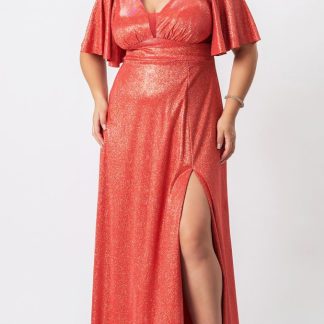 Vestido Longo de Festa Plus Size Manga Curta em Lurex