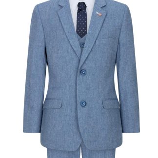 Terno infantil de 3 peças em lã azul claro, estilo vintage clássico dos anos 1920, com colete de 4 bolsos.