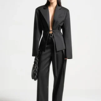 Wide Shoulder Sateen Blazer with Twin Belt - Black