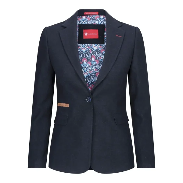 Blazer feminino clássico vintage dos anos 1920 em lã tweed com cotoveleiras, azul.