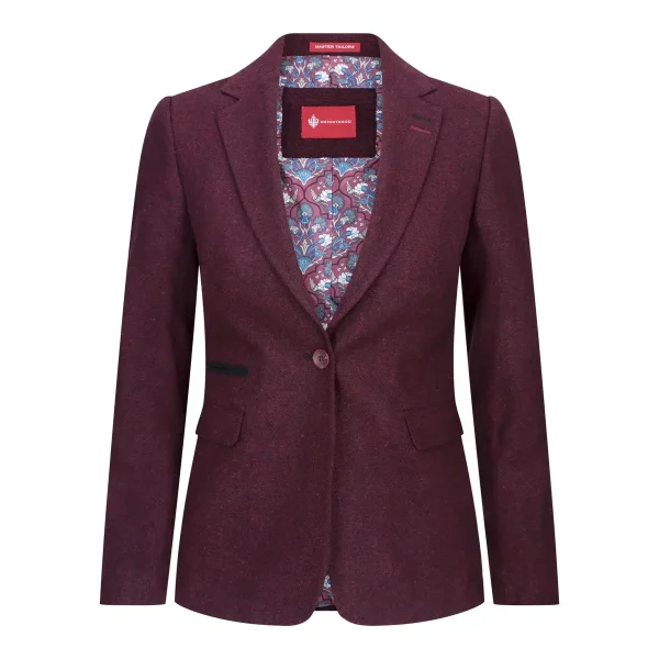 Blazer feminino de lã tweed com cotoveleiras, estilo vintage clássico dos anos 1920, na cor bordô.