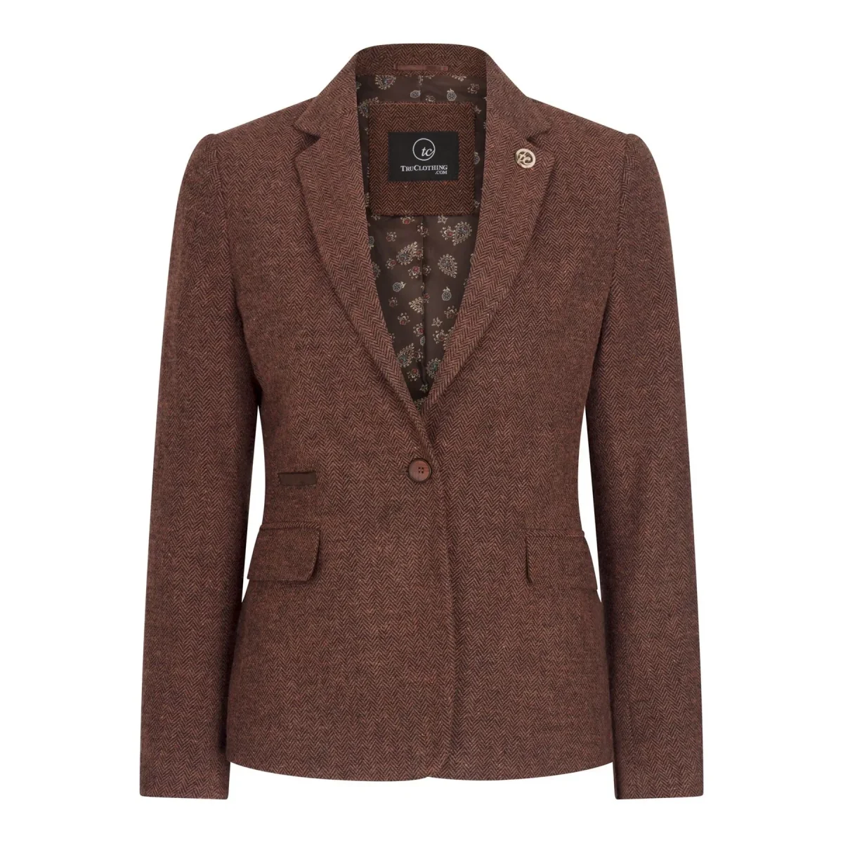WS-12 - Blazer feminino de tweed com padrão espinha de peixe em lã marrom ferrugem - Image 2